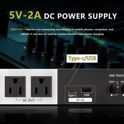 5V-2A DC power supply ports with Type-C and USB outputs for connecting mobile devices and searchlights, Tough As Nails 10 Socket Power Conditioner Surge Sequencer.