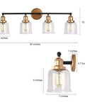 Modern Black And Gold Vanity Lights Over Mirror, Four Light Bathroom Fixture With Clear Glass Shades, 30 Inch Long Bath Vanity Bar