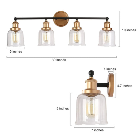Modern Black And Gold Vanity Lights Over Mirror, Four Light Bathroom Fixture With Clear Glass Shades, 30 Inch Long Bath Vanity Bar