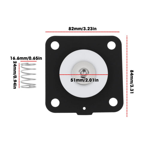 Replacement diaphragm repair kit front view; black square base with white circular diaphragm and silver coil spring.