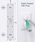 Back view of Heavy Duty Surge Protector Power Strip With 12 Outlets And 3 USB Ports 10 Ft Braided Extension Cord next to right angled flat plug in outlet.