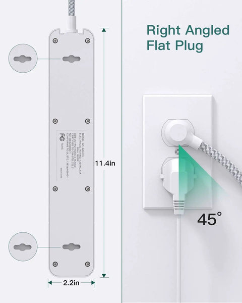 Back view of Heavy Duty Surge Protector Power Strip With 12 Outlets And 3 USB Ports 10 Ft Braided Extension Cord next to right angled flat plug in outlet.