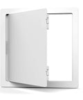 Heavy Duty 8X8 Inch Hinged Drywall Access Panel White Slick Slip In Design with open door for easy access to plumbing and electrical.