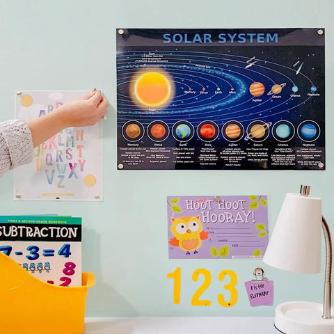 Magnetic Paint And Primer Water Based 32oz High Yield for any surface used on kids' room wall displaying educational posters.