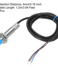 Inductive Proximity Sensor Switch Normally Open NPN 4mm Sensing Distance With 3.9ft Leads, M12 Style, showing blue cap and wire ends