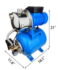 Powerhouse 1.6HP Shallow Well And Pressure Booster Pump 110V Stainless Steel Water Transfer Pump side view with dimensions