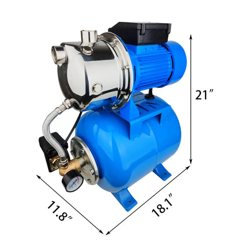 Powerhouse 1.6HP Shallow Well And Pressure Booster Pump 110V Stainless Steel Water Transfer Pump side view with dimensions