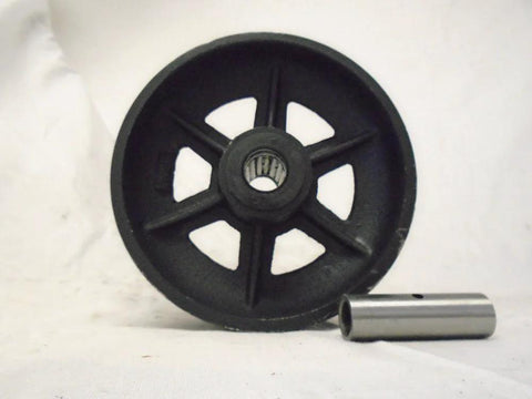 Front view: 6x2 inch swivel caster wheel, black iron V-groove wheel with 7/8 in bore and metal spacer.