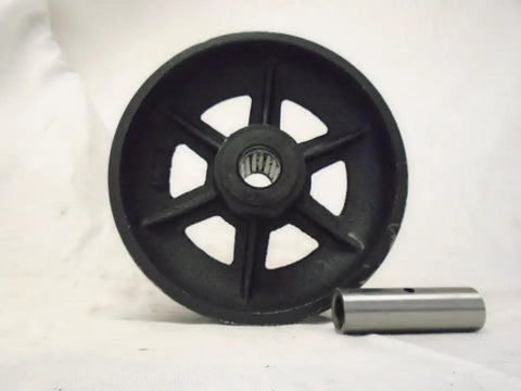Super Smooth Rolling 6 Inch Steel Caster Wheels Set Of Four With 7/8-Inch V Groove Guide, 1000 Lb Load Per Wheel, Built Legit And Ready To Roll For Tool Boxes, Industrial Carts, Furniture Sliders, And Weekend Warrior Setups showing a close-up of a steel wheel and bearing.