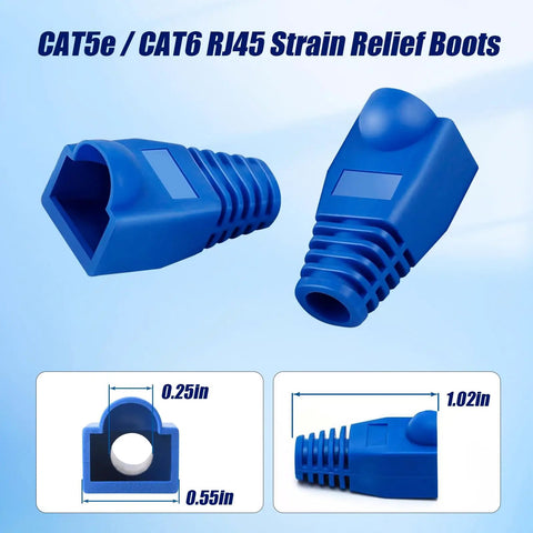 Soft PVC RJ45 Strain Relief Boots For Cat5 Cat5e Cat6 Cables Blue 100 Pack shown with dimensions and dust protection feature.