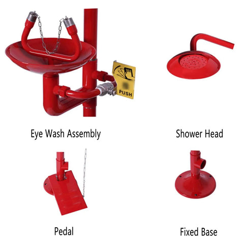 Emergency Eye Washer and Shower Station components including eyewash assembly, shower head, pedal, and fixed base