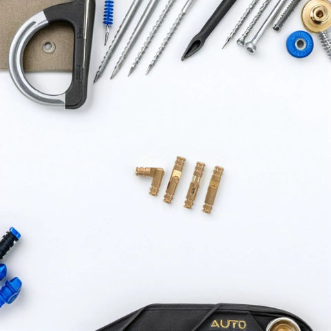 Hidden Barrel Hinges For Jewelry Boxes And Keepsakes, Brass Cylindrical Design, 25-Piece Set displayed with tools