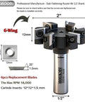 Slab Flattening Router Bit With A Half Inch Shank, Six Wing Carbide Insert, Two Inch Cutting Diameter, CNC Spoilboard Surfacing Bit