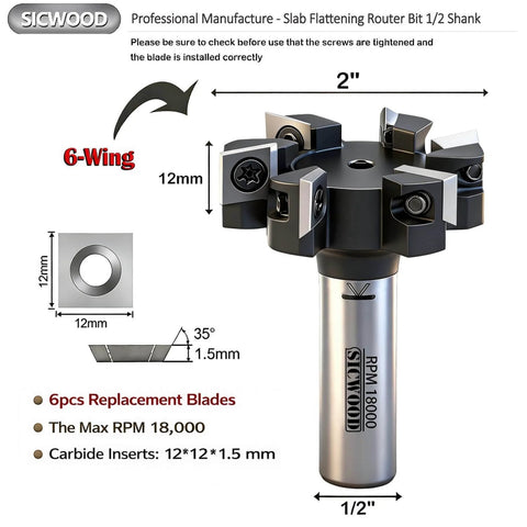 Slab Flattening Router Bit With A Half Inch Shank, Six Wing Carbide Insert, Two Inch Cutting Diameter, CNC Spoilboard Surfacing Bit