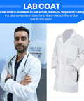 Adults Unisex Doctor Lab Coat Costume White Button Front Size Large Perfect For Cosplay Halloween Dress Up And Medical Themed Parties Great For Men And Women with model holding stethoscope.