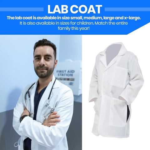 Adults Unisex Doctor Lab Coat Costume White Button Front Size Large Perfect For Cosplay Halloween Dress Up And Medical Themed Parties Great For Men And Women with model holding stethoscope.