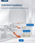 Unlimited installation options for LED downlights on soffit, single, and double drywall ceilings with measurements shown.