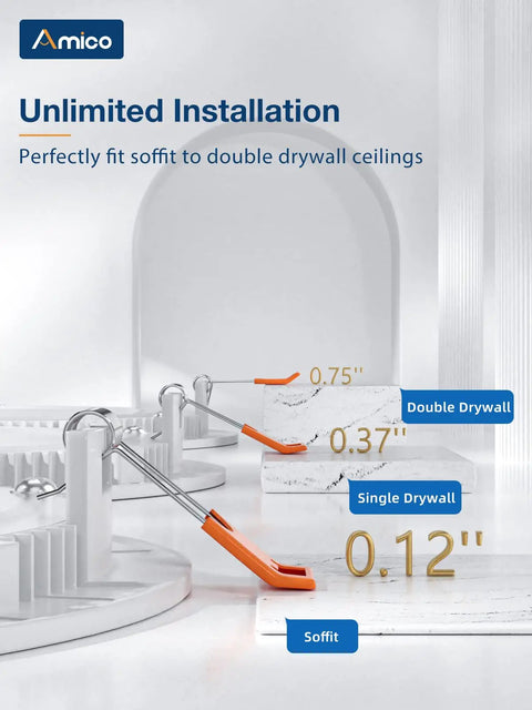 Unlimited installation options for LED downlights on soffit, single, and double drywall ceilings with measurements shown.