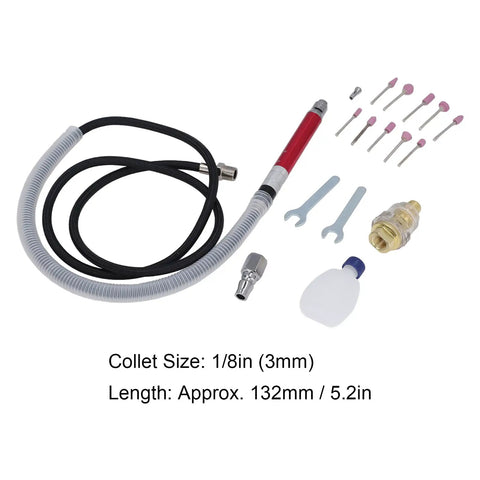 Straight Shot Precision Pneumatic Pencil Die Grinder Kit includes hose, bits, collets for detailed metal work.