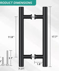 Matte Black Door Pull Handle Set For Glass And Wood Doors, 18 Inch, Double-Sided H-Type Grip With Smooth Round Tubes, Easy Push Or Pull, Perfect For Sliding Barn Doors, Shower Doors, Pantry Doors, Closets And Office Doors. Dimensions diagram with 17.7 inch height and 1.5 inch tube diameter