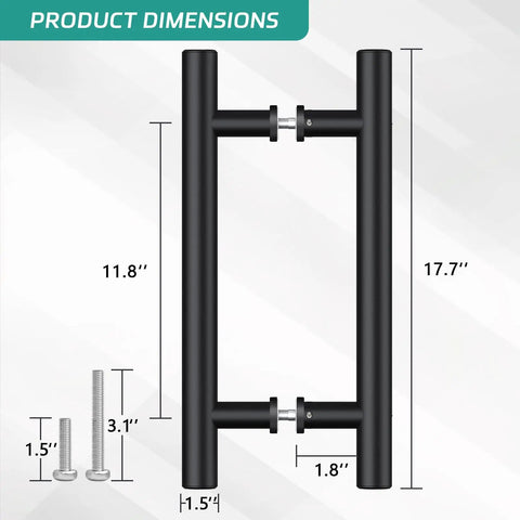 Matte Black Door Pull Handle Set For Glass And Wood Doors, 18 Inch, Double-Sided H-Type Grip With Smooth Round Tubes, Easy Push Or Pull, Perfect For Sliding Barn Doors, Shower Doors, Pantry Doors, Closets And Office Doors. Dimensions diagram with 17.7 inch height and 1.5 inch tube diameter