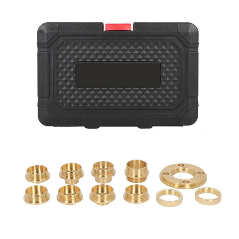 Pro Tier Brass Router Template Bushing Guide Set With Bulletproof Lock Nut Adapter And Portable Carry Case including brass guides.