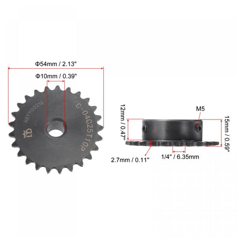 25 Tooth Roller Sprocket B Type For Twenty Five Chain, One Quarter Inch Pitch, 10mm Bore, Black Oxide C45 Carbon Steel With Set Screws.
