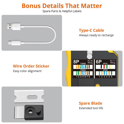 USB-C cable, wire order sticker, and spare blade for RJ45 Pass-Through Crimp Tool for Cat7 Ethernet Cables, 8P8C RJ45 RJ11 RJ12