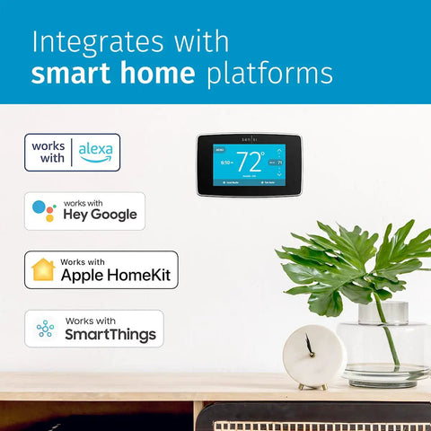 Smart Thermostat With Color Touchscreen WiFi And Mobile App Control Easy DIY Install Privacy Protected Data Works With Alexa Energy Star Certified C Wire Required Black ST75 on wall with integration options.
