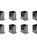 Eight black alloy 8 Pack 6x6 Post Bases Real Size 5.5x5.5 Black High Strength Alloy For Decks Gates Fences Mailboxes Street Lamps And Handrails With Screws For Easy Installation displayed in two rows