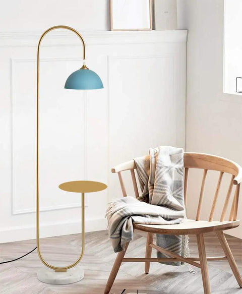 Modern Standing Floor Lamp With Built In Table For Bedroom Or Living Room Ideal For Reading Brushed Brass Finish With Blue Lampshade Sleek Minimalist Design For Cozy Ambient Lighting