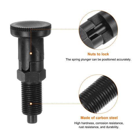 M16x1.5 Push Fit Ball Nose Spring Plunger With 8mm Pin And 1.02 Inch Thread, close-up showing carbon steel build and locking nuts.