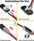 Instructions for Double Wire Push-In Connector With Locking Buckle for easy no-twist splices and secure wire connections.