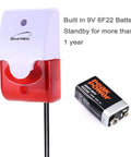 Dual Water Level Alarm Sensor With 120 dB Red Strobe Siren shown with 9V battery for long standby use.