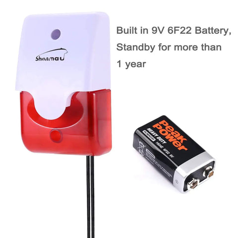 Dual Water Level Alarm Sensor With 120 dB Red Strobe Siren shown with 9V battery for long standby use.