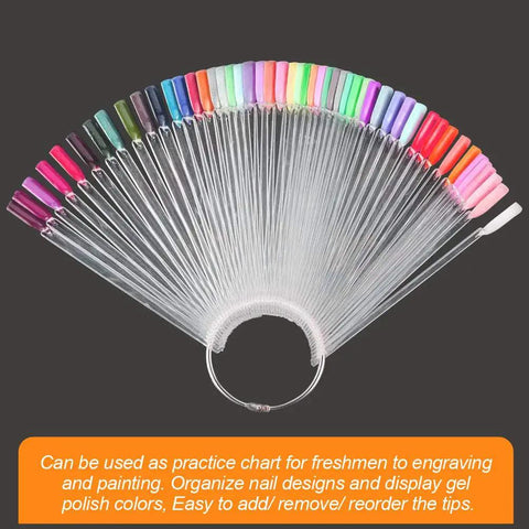 50 Piece Nail Swatch Sticks With Ring and Numbered Tips, clear fan display showing colored nail tips and organizing ring