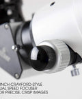 Sky Watcher EvoStar 120 APO Doublet Refractor Portable Optical Tube showing 2-inch Crayford-style dual speed focuser close-up