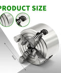 Rugged 100mm Independent Lathe Chuck 4 Jaw Grips 4 Inch Capacity 3500 RPM Hardened Steel Construction showing size details