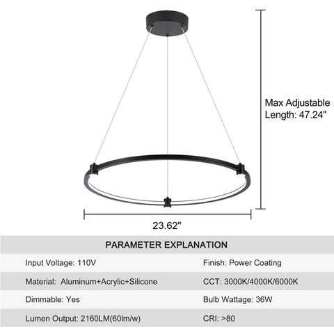 Dope Sleek Black Circular Ring LED Pendant Light Dimmable Ceiling Fixture 23.6 Inch hanging with specs