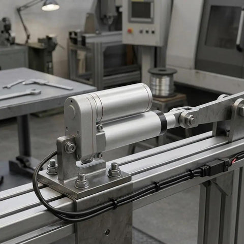 Heavy Duty 12V DC Linear Actuator Serving A Rock Solid 900 Newtons Of No Sweat Push Pull Movement With Waterproof Aluminum Housing And Mounting Brackets For Smooth Small Automation Builds on a workspace.
