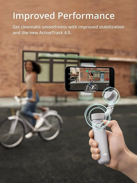 Smooth Mobile Gimbal With Built In Extension Rod for Android and iPhone in use for steady video, showing ActiveTrack feature.