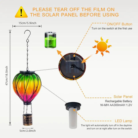 Diagram showing Colorful Solar Hot Air Balloon Lantern With Realistic Flickering Flame For Outdoor Waterproof Hanging Light