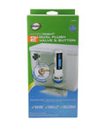 Packaging of HydroRight Water Saving Dual Flush Valve with button, showing quick and full flush options.