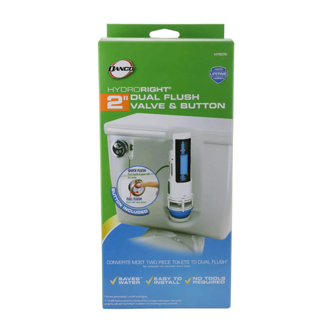 Packaging of HydroRight Water Saving Dual Flush Valve with button, showing quick and full flush options.