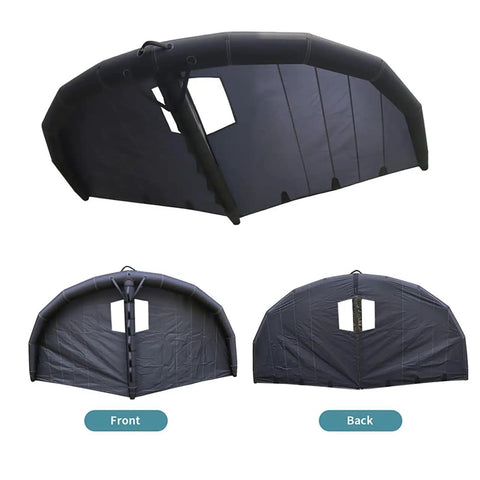 Front and back view of handheld inflatable surf wing for windsurfing and kitesurfing, lightweight foil wing gear, nylon build.