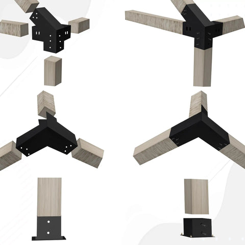 14 Piece 30 Degree Slanted Pergola Bracket Kit for 4x4 Wood Posts, DIY Roof Brackets visible in different views.