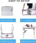 Setup process of Ultra Portable Folding Camp Table with aluminum build, showing folding and unfolding steps.