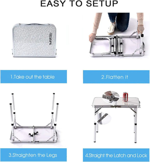Setup process of Ultra Portable Folding Camp Table with aluminum build, showing folding and unfolding steps.