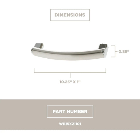 Stainless Steel Door Handle OEM Authorized Replacement Part For Appliances Compatible With WB15X21101 Models with dimensions.