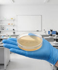 Gloved hand holding Ready To Use Prepoured Sterile Petri Dishes 70mm With Nutrient Agar And Lids Individually Wrapped in a lab.